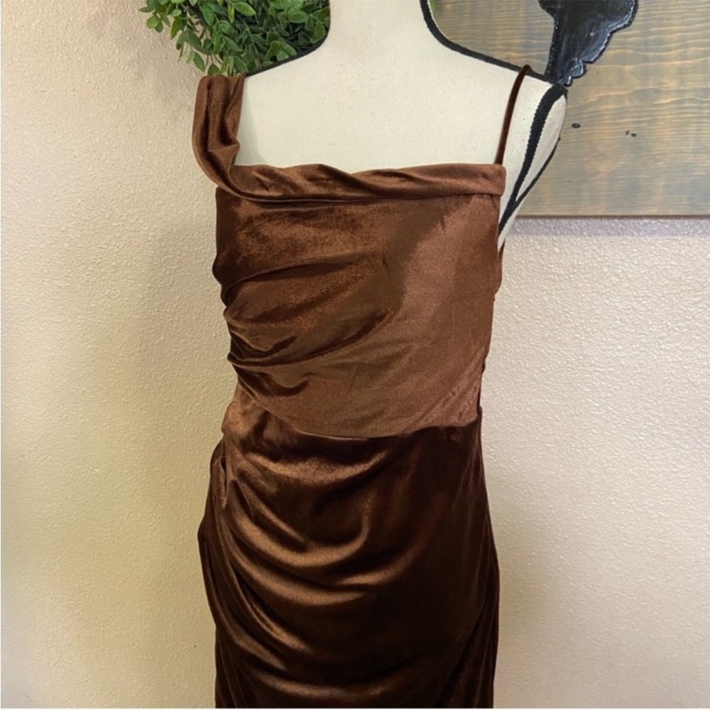 Lulus Showing Off a Little Brown Velvet Asymmetrical Tulip Midi Dress - Picture 8 of 9
